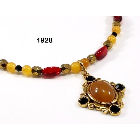 Vintage 1928 Necklace Red Gold Beaded Pendant Quartz Cabochon Black Crystals - Picture 2 of 10
